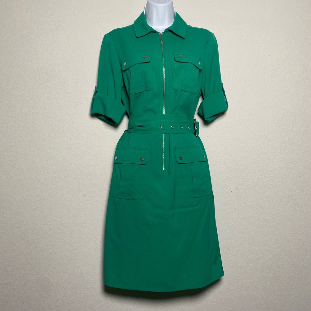 Michael Kors Kelly Green Knee Length Front Zip Dress Cuffed Sleeve Preppy Polish